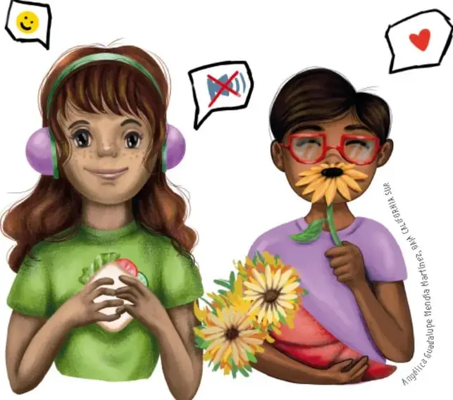 Ilustración de dos niñas: una con audífonos y una manzana, la otra con lentes y flores, con globos de diálogo (una sonrisa, música tachada y un corazón), junto al texto de placer emocional. Crédito: Angélica Ramírez Quintanar.
