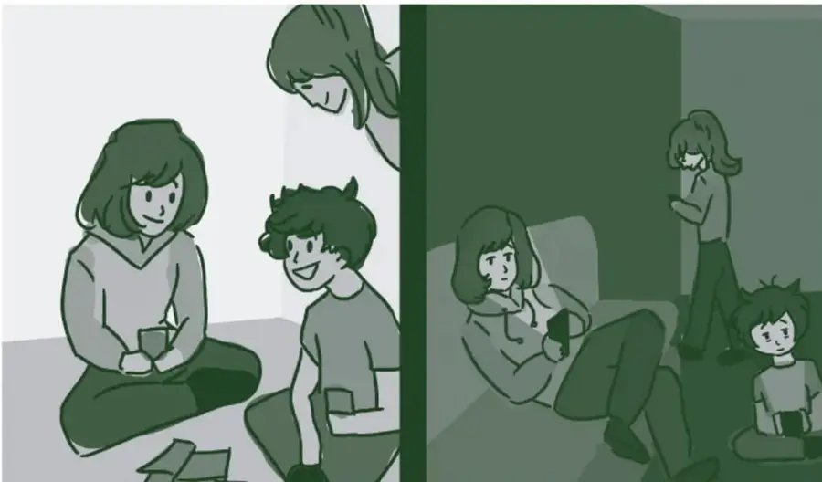 Ilustración dividida en dos mitades. Izquierda, en tonos claros: tres niñas y niños sentados en el suelo juegan y conversan con libros y cubos. Derecha, en tonos oscuros: cuatro personas (una mujer recostada, una mujer de pie y dos niñeces) usan cada una su dispositivo digital sin interactuar entre sí. Crédito: Estefanía Poncell Hernández, Estado de México.