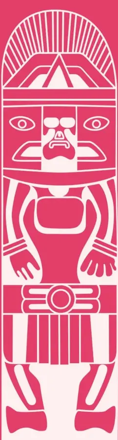 Ilustración estilizada en rosa y blanco de una figura prehispánica o tótem, con tocado radiado, rostro con ojos y nariz marcados, brazos extendidos y faldellín con franjas verticales.
