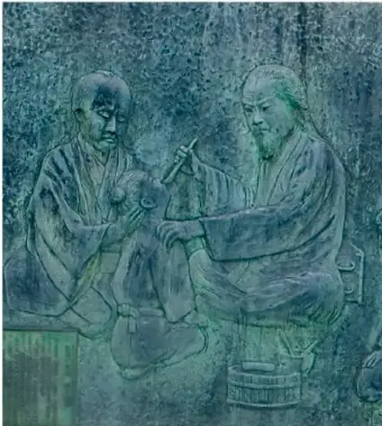 Ilustración o grabado antiguo que muestra a dos personas, posiblemente médicos o sanadores chinos, manipulando costras o preparando el material para la variolización.