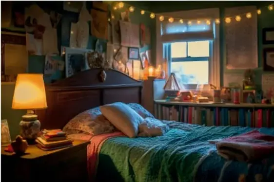 Fotografía de una recámara iluminada con lámparas encendidas de luz cálida y una guirnalda de focos junto a la ventana, con libros y cama.