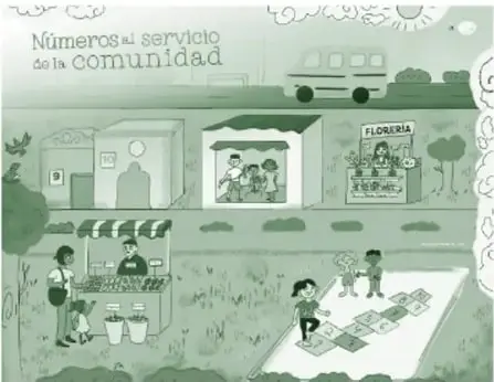 Miniatura del recurso 'Números al servicio de la comunidad': escena de calle en tonos verdes con un puesto de frutas y verduras, una florería, casas, un camión (ruta), niñas y niños jugando serpientes y escaleras con dados, y personas comprando.