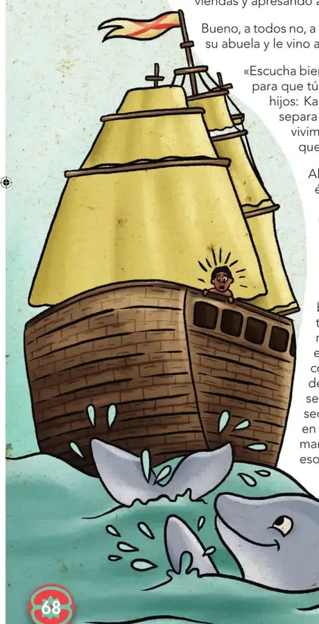 Ilustración a doble página de un velero (galeón esclavista) navegando en el mar, con peces y olas grandes.