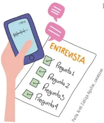 Mano sosteniendo un teléfono celular con íconos de mensajes y una hoja titulada ENTREVISTA con preguntas 1 a 4.