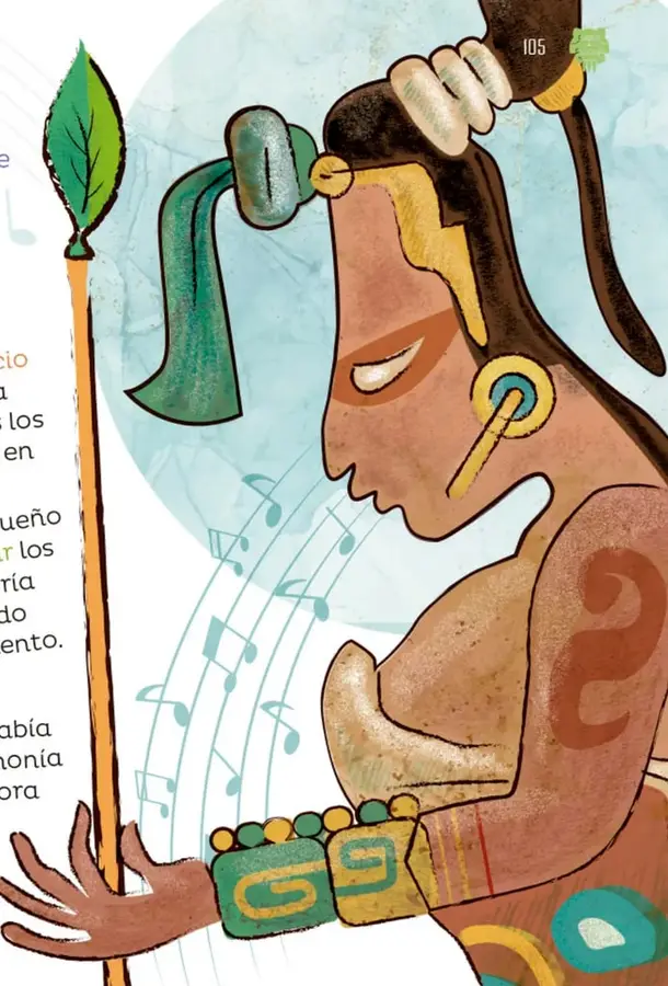 Ilustración de un personaje indígena de perfil con tocado de plumas verdes, orejera dorada y brazaletes, sosteniendo un bastón con una hoja verde. A su alrededor flotan notas musicales y, en la esquina inferior izquierda, aparece un jaguar u ocelote de color naranja con manchas.