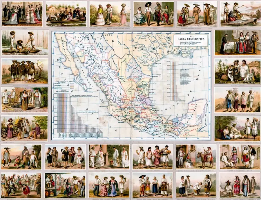 Mapa central de México titulado 'Carta Etnográfica' con leyendas, ríos, límites y gráficas de barras estadísticas.
