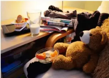 Escritorio desordenado con vaso, comida, ropa, libros y un peluche sobre la mesa.
