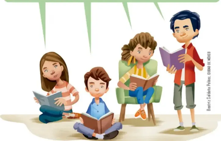 Ilustración de cuatro estudiantes leyendo libros, con una burbuja de diálogo que muestra una frase en náhuatl y su traducción al español.