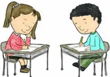 Ilustración de una niña con polera roja y un niño con polera celeste, sentados en sus pupitres, escribiendo en una hoja.
