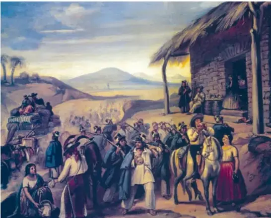 Pintura histórica que representa una escena de la Guerra de Reforma: soldados y civiles armados en un camino rural, con una construcción de adobe y un paisaje montañoso al fondo.