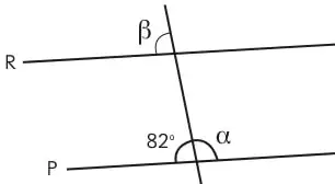 Dos rectas paralelas S y T cortadas por una transversal, con ángulos 124°, γ y δ.
