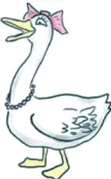 Ilustración de una pata blanca con un moño rosado en la cabeza y un collar de perlas, personaje de la obra La pata Dedé.