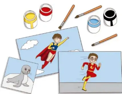 Frascos de témpera (amarillo, rojo, azul, negro), pinceles y tres dibujos: superhéroe volador, superhéroe corriendo y una foca sobre hielo.