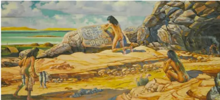 Pintura mural que recrea a personas indígenas de Aridoamérica elaborando pictografías sobre una roca en un paisaje árido con montañas y cielo nublado; una figura pintada sobre la roca y otras personas observando.