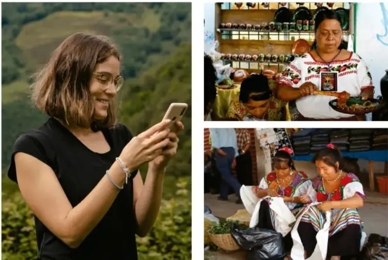 Mujer joven con lentes usando un teléfono celular en un entorno natural, ilustrando el uso de tecnología en comunidad.