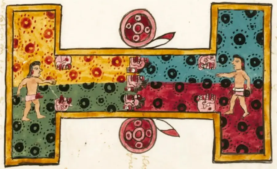 Ilustración de estilo códice prehispánico que muestra una cancha de juego de pelota en forma de I con dos jugadores a los lados, glifos y figuras circulares rojas en la parte superior e inferior, con colores amarillo, verde, azul y rojo.