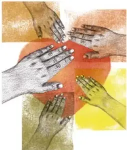 Ilustración de varias manos unidas sobre círculos de colores, símbolo de solidaridad. Crédito: Rosana Mesa Zamudio, PUEBLA.