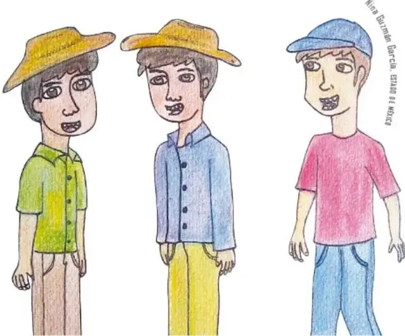 Dibujo a colores de tres niños de pie: dos con sombrero de palma (camisa verde y camisa azul) y uno con gorra azul y playera rosa; firman «Nina Guzmán García, Estado de México».