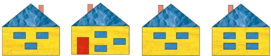 Cuatro casas amarillas en fila con diferentes números de ventanas y puertas para elegir la vista trasera.