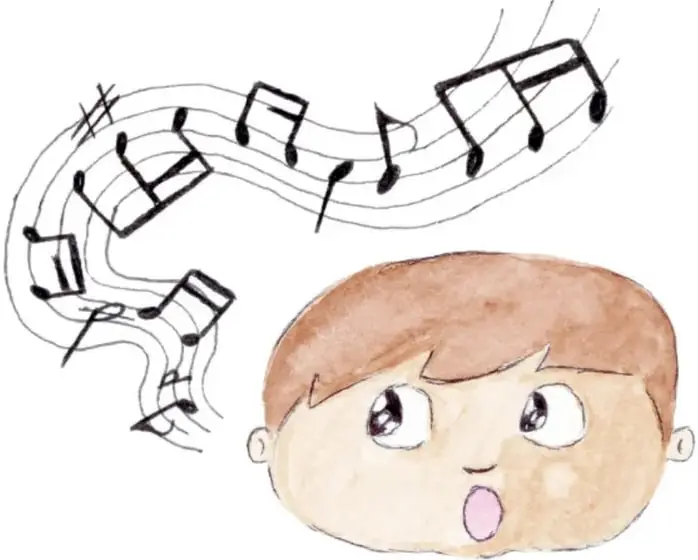 Rostro grande de un niño con la boca abierta, cantando, con notas musicales saliendo de su cabeza.