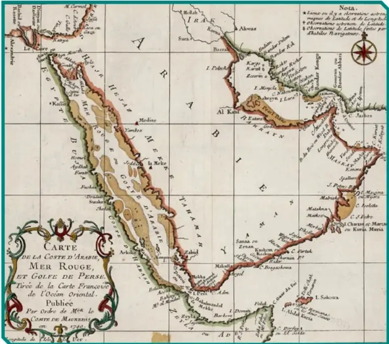 Mapa histórico titulado 'Carte de la Coste d'Arabie, Mer Rouge et Golfe de Perse', publicado en 1740. Muestra la península arábiga, el mar Rojo, el golfo Pérsico, Irak, Persia y Arabia, con división política de la época y rosa de los vientos.