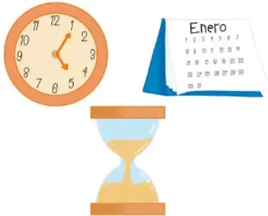Tiempo: reloj de pared, calendario de enero y reloj de arena.