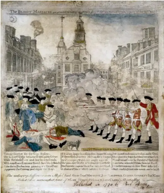 Grabado histórico titulado 'The Bloody Massacre' que representa la masacre de Boston, ocurrida en 1770, donde soldados británicos disparan contra civiles. Aparecen edificios coloniales y un grupo de personas en actitud de protesta.