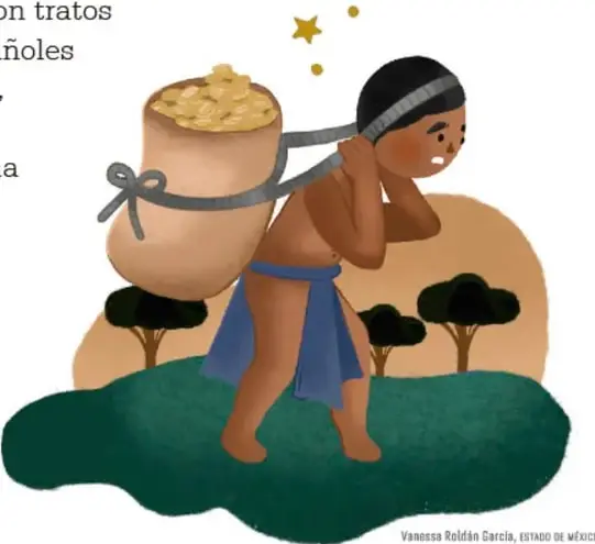 Ilustración de un niño de piel morena, con taparrabos azul y cabello negro, que carga sobre la espalda un costal lleno de granos dorados. Está sobre un terreno verde con árboles y un cielo con estrellas. Al pie dice: Vanessa Roldán García, Estado de México.
