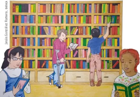 Ilustración de una biblioteca escolar: alumnos leyendo en mesas, otros tomando libros de los estantes, dos computadoras, mapa de México en la pared y un globo terráqueo. Crédito: Marcela Seguir Larramendi, SHIRAK.