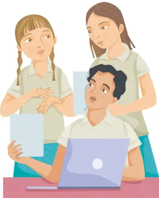 Ilustración de tres estudiantes (dos niñas de pie y un niño sentado con una laptop) trabajando juntos en su proyecto; crédito: Alma Rosa Pacheco Marcos, Ciudad de México.