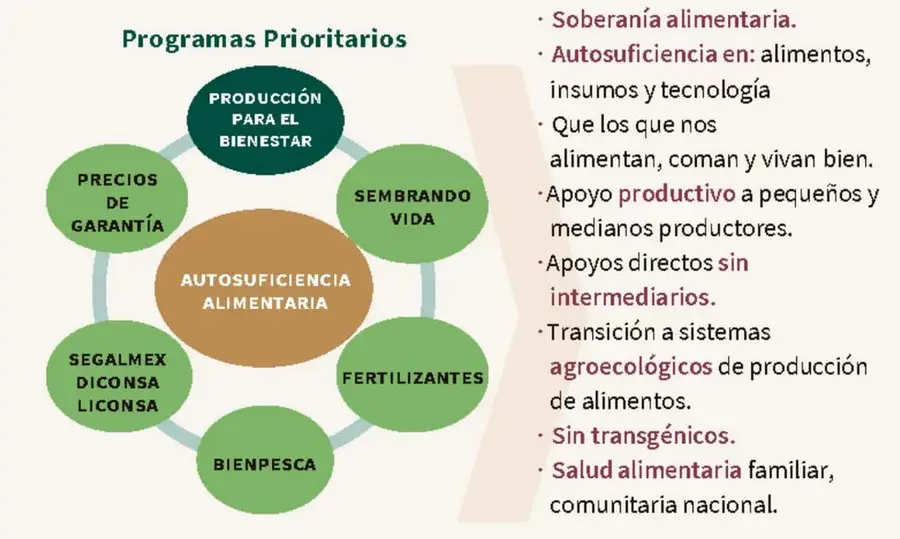Esquema circular con el texto AUTOSUFICIENCIA ALIMENTARIA al centro y seis círculos verdes alrededor con los nombres de los programas prioritarios.