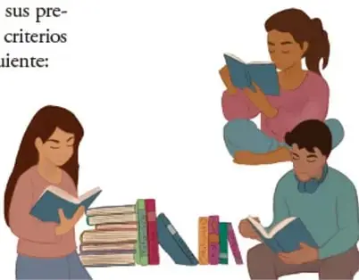 Ilustración de tres estudiantes leyendo y compartiendo libros; crédito a Filomena Tun Cocon, Quintana Roo.