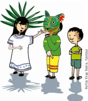 Ilustración de tres niños con trajes tradicionales (una niña con penacho, un niño disfrazado de personaje con máscara verde y un niño con camisa verde) representando una escena; crédito 'Ruth el Lago Robles, Tláhuac'.