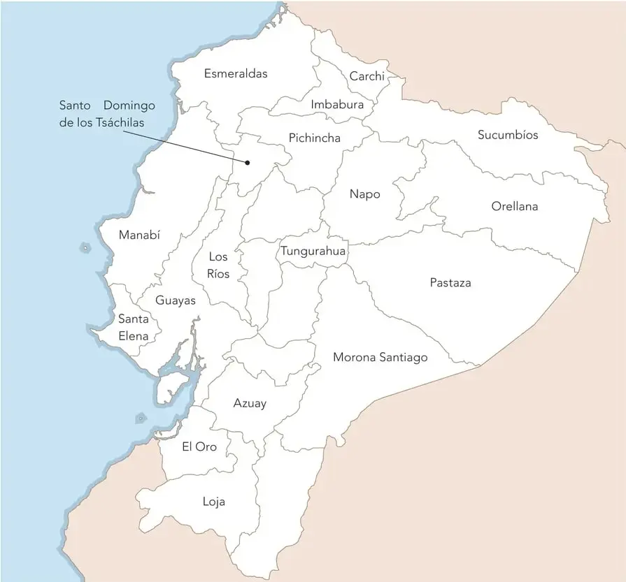 Mapa político del Ecuador continental con las provincias rotuladas: Esmeraldas, Carchi, Imbabura, Pichincha, Santo Domingo de los Tsáchilas, Sucumbíos, Napo, Orellana, Manabí, Los Ríos, Guayas, Santa Elena, Tungurahua, Pastaza, Azuay, Morona Santiago, El Oro y Loja. Fondo claro y contorno verde.