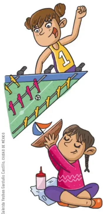 Niña con playera amarilla y número 1 levanta el puño sobre una mesa de futbolito; debajo, otra niña construye un velero de madera con un bote de pegamento.