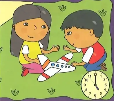 Dos niños jugando con un avión de juguete y un reloj que representa una actividad del día.