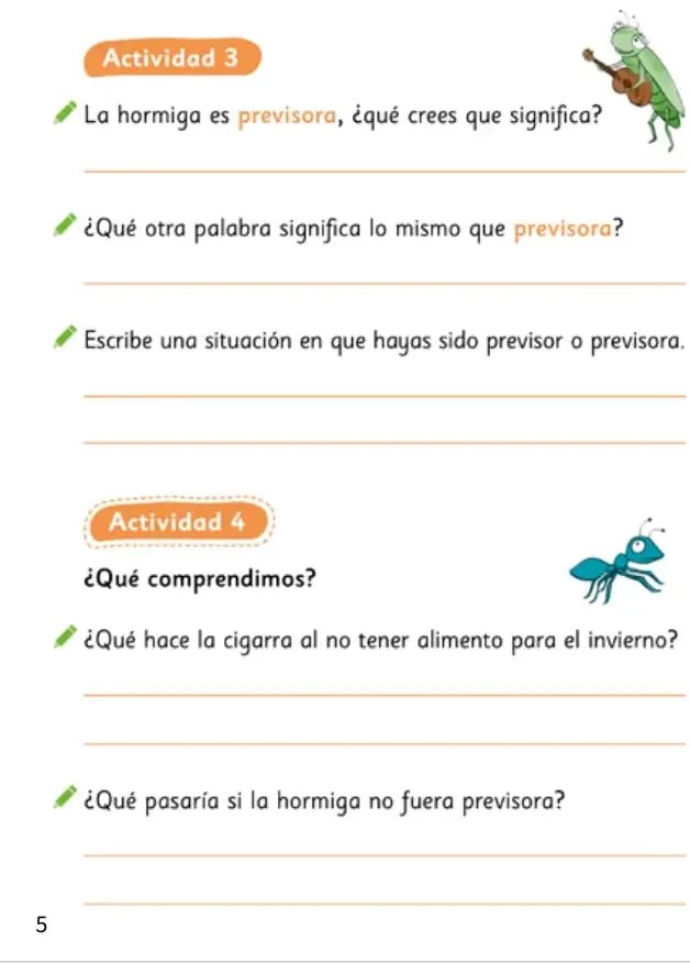 Hormiga verde con una guitarra junto al título Actividad 3.