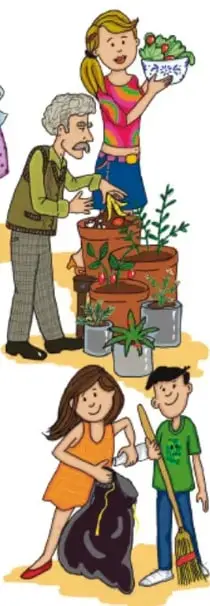 Ilustración de dos estudiantes, uno con bolsa de basura y otro con escoba, participando en la limpieza del entorno.