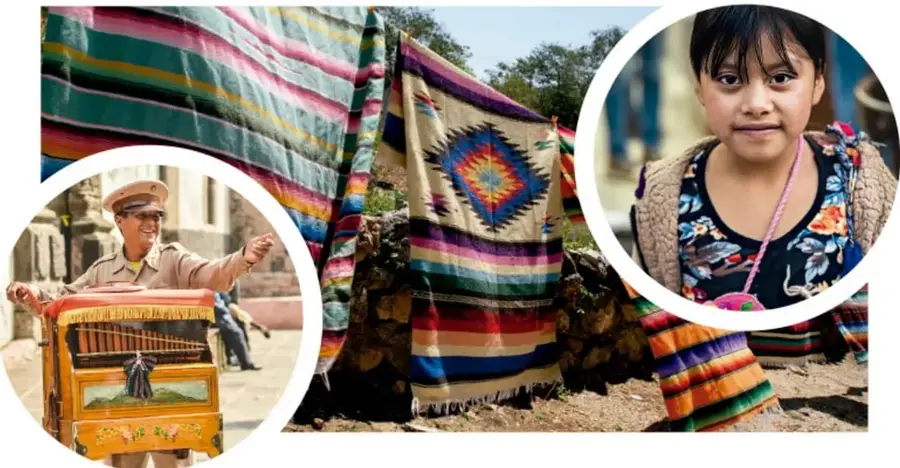 Collage de tres imágenes: un vendedor de dulces típicos con carrito amarillo, un niño con ropa tradicional y un puesto con textiles coloridos.