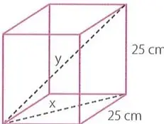 Cubo de lado 25 cm con sus diagonales de cara y espacial trazadas.