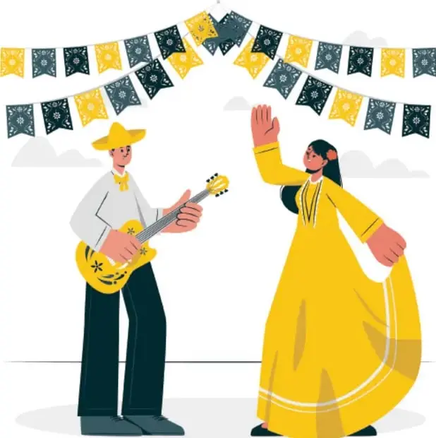 Ilustración de un hombre con sombrero tocando guitarra y una mujer con vestido amarillo bailando, bajo banderines de papel picado.