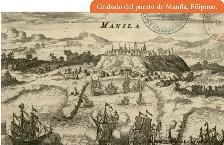 Grabado del puerto de Manila, Filipinas, con barcos y la ciudad amurallada.