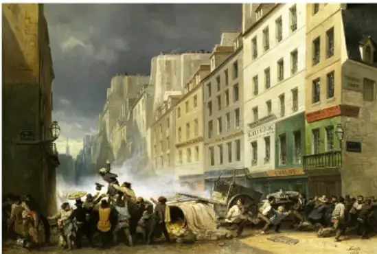 Pintura histórica que representa una escena callejera de la Revolución de 1848 en París, con barricadas, multitud y humo, reflejando el conflicto urbano.