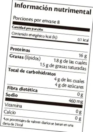 Etiqueta de información nutricional de un alimento que muestra porciones por envase, contenido energético en kcal y kJ, proteínas, grasas, carbohidratos, fibra, sodio, vitaminas y calcio.