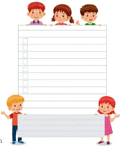Ilustración de tres niños asomados sobre una lista de verificación con casillas.