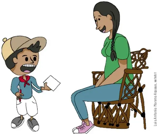Ilustración de un niño con sombrero y mochila mostrando una hoja a una maestra sentada en una silla de tule, ilustración de Luis Antonio Mariano Aguayo.