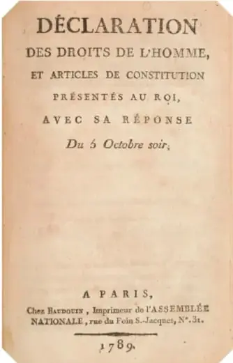 Portada original de la Déclaration des Droits de l'Homme et des Citoyens, impresa en París en 1789.