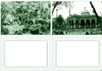 Tarjetas «Postales de mi comunidad»: dos postales con imágenes predeterminadas (un paisaje natural con árboles y una plaza con kiosco o edificio histórico), y debajo dos postales en blanco personalizables con marco.