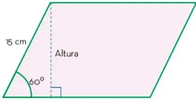 Paralelogramo con lado izquierdo de 15 cm, base inferior de 21 cm, ángulo inferior izquierdo de 60°, altura punteada perpendicular etiquetada 'Altura' cayendo sobre la base.