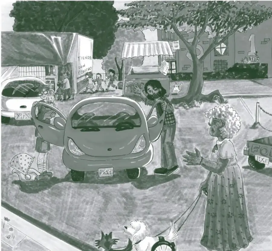 Ilustración en blanco y negro de una escena comunitaria: una tienda de abarrotes con el letrero 'TIENDA DOÑA PANCHA', un puesto de comida con toldo, un automóvil con personas, una anciana paseando a su perro, niños jugando y un edificio con el número 1. Al pie de la imagen se lee 'Giran Ávila Naranjo, Mauricio'.
